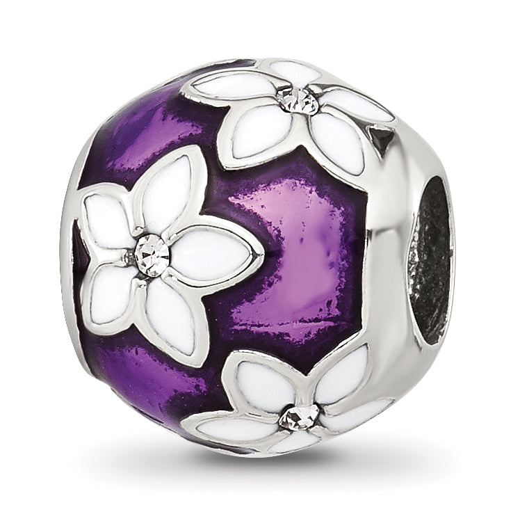 Sterling Silver Reflections Purple and White Enamel and CZ Floral Bead