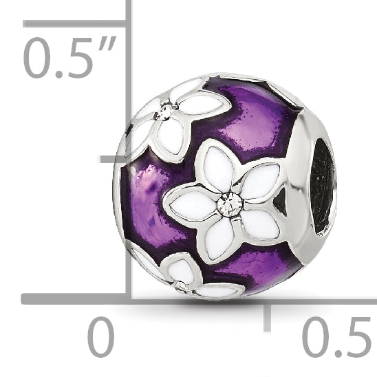 Sterling Silver Reflections Purple and White Enamel and CZ Floral Bead