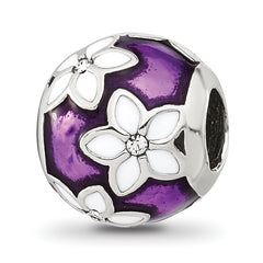 Sterling Silver Reflections Purple and White Enamel and CZ Floral Bead