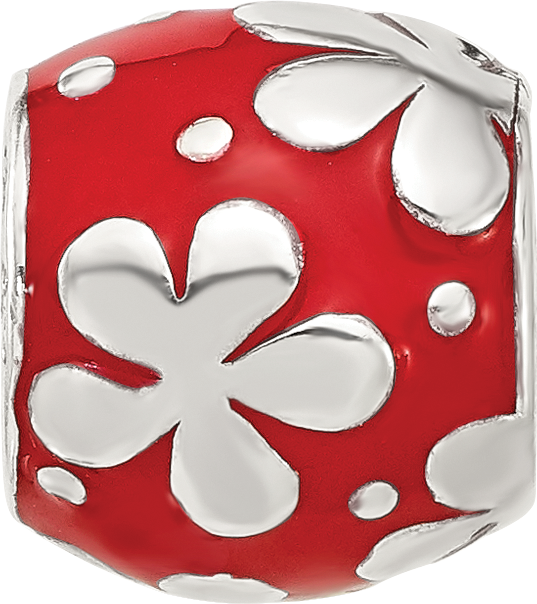 Sterling Silver Reflections Red Enameled Round Floral Bead