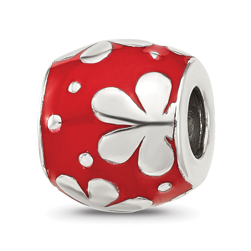 Sterling Silver Reflections Red Enameled Round Floral Bead