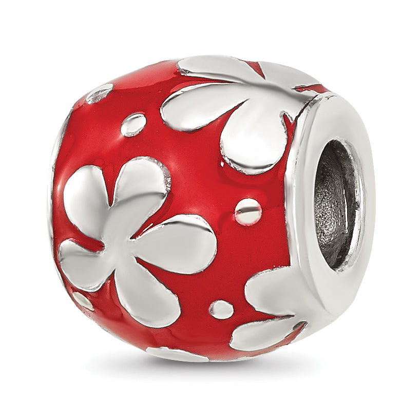 Sterling Silver Reflections Red Enameled Round Floral Bead