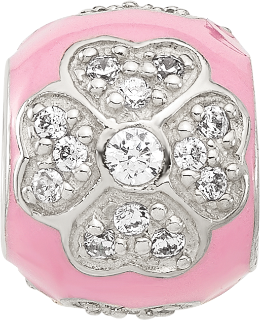 Sterling Silver Reflections CZ Pink Enameled Round Floral Bead