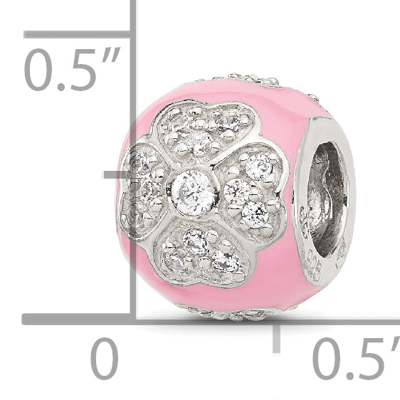 Sterling Silver Reflections CZ Pink Enameled Round Floral Bead