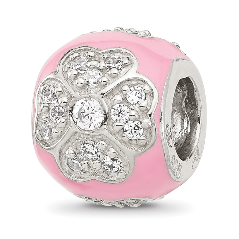 Sterling Silver Reflections CZ Pink Enameled Round Floral Bead