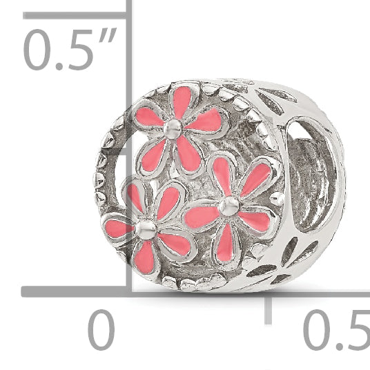 Sterling Silver Reflections Pink Enameled Floral Circle Bead