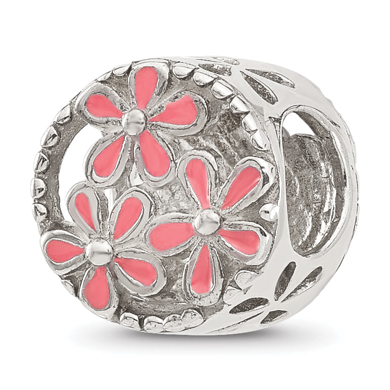 Sterling Silver Reflections Pink Enameled Floral Circle Bead