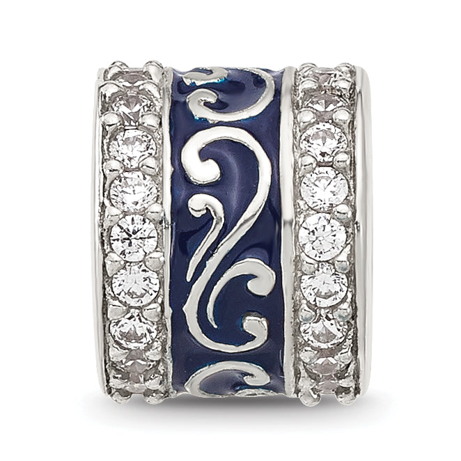 Sterling Silver Reflections Polished CZ Blue Enameled Scroll Bead