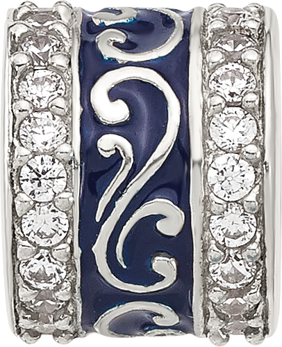 Sterling Silver Reflections Polished CZ Blue Enameled Scroll Bead