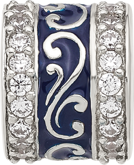 Sterling Silver Reflections Polished CZ Blue Enameled Scroll Bead