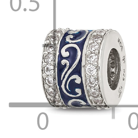 Sterling Silver Reflections Polished CZ Blue Enameled Scroll Bead