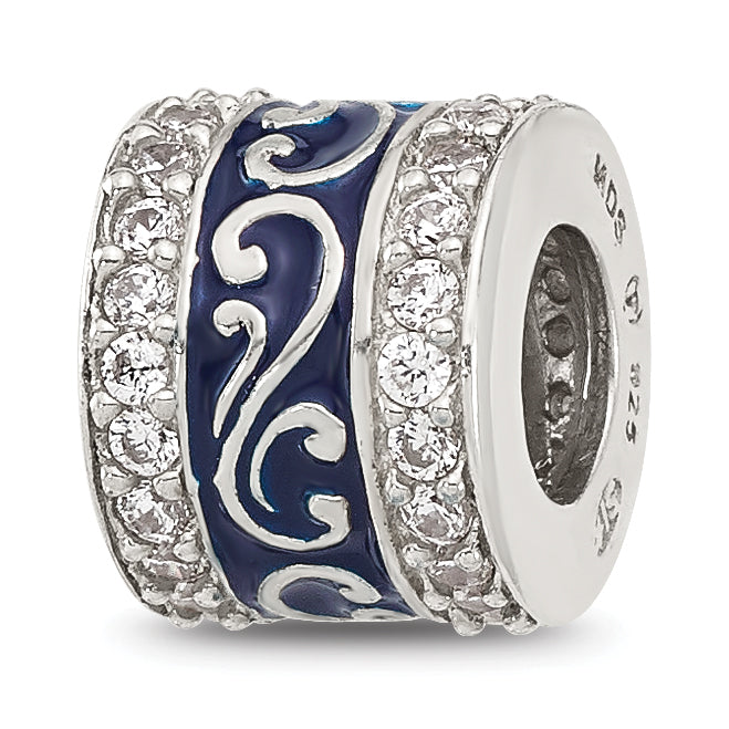 Sterling Silver Reflections Polished CZ Blue Enameled Scroll Bead