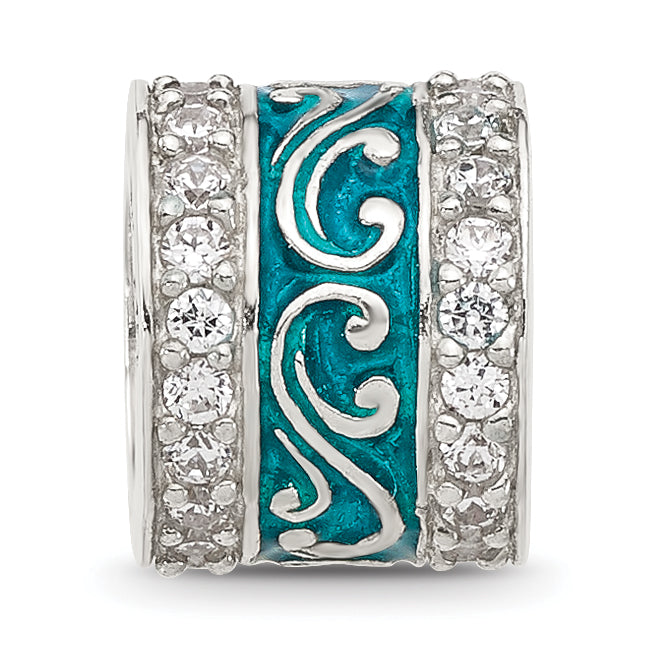 Sterling Silver Reflections Polished CZ Teal Enameled Scroll Bead