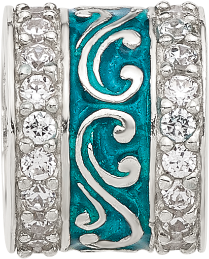 Sterling Silver Reflections Polished CZ Teal Enameled Scroll Bead