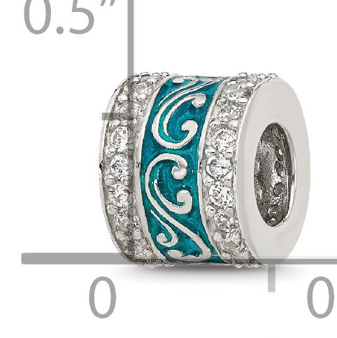 Sterling Silver Reflections Polished CZ Teal Enameled Scroll Bead