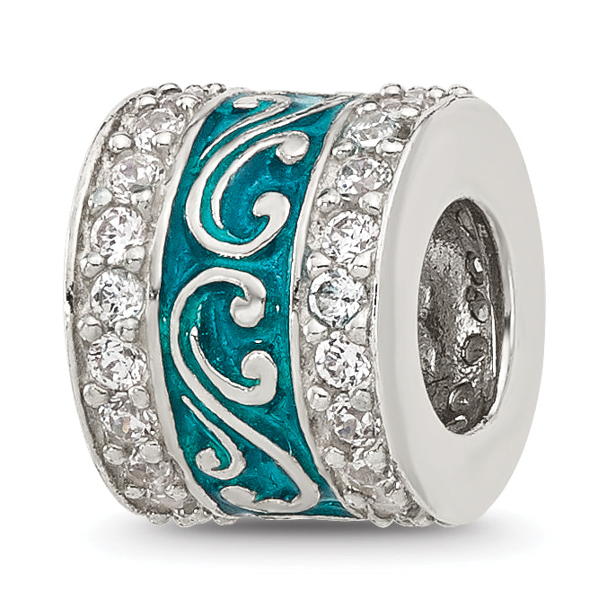 Sterling Silver Reflections Polished CZ Teal Enameled Scroll Bead