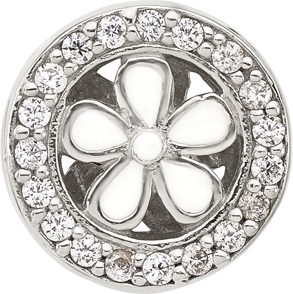 Sterling Silver Reflections Polish CZ and White Enamel Flower Circle Bead