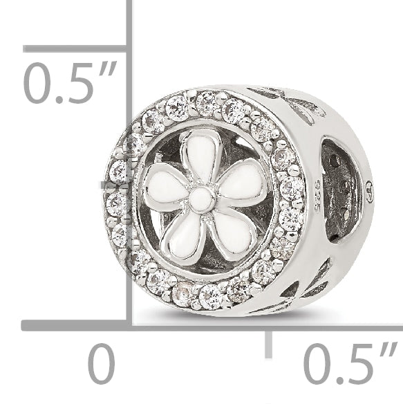 Sterling Silver Reflections Polish CZ and White Enamel Flower Circle Bead