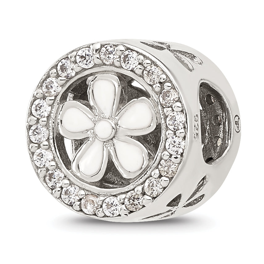 Sterling Silver Reflections Polish CZ and White Enamel Flower Circle Bead