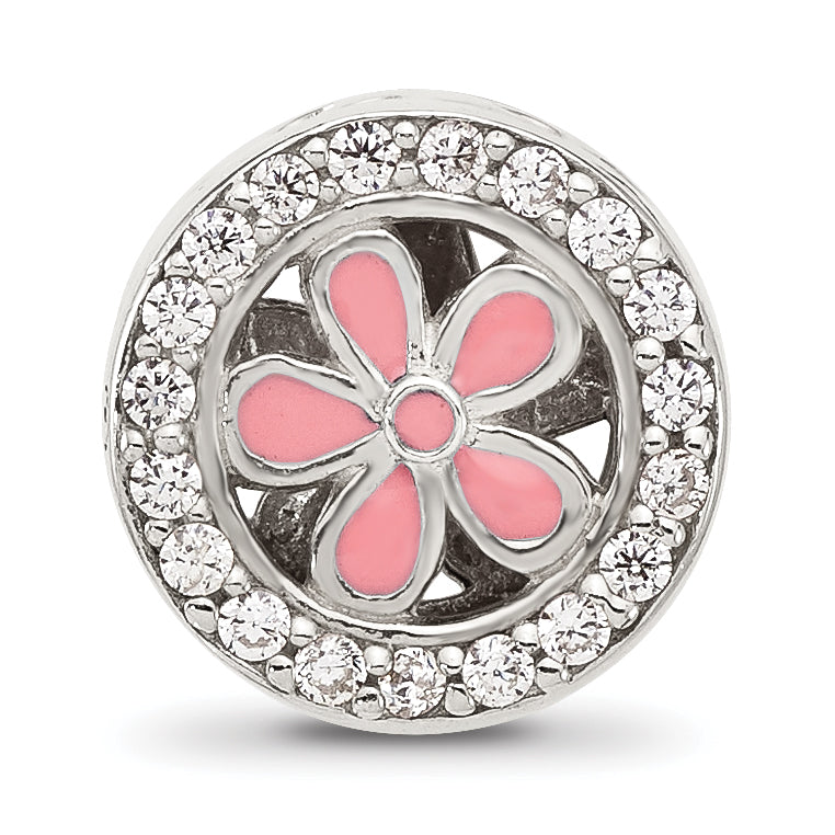 Sterling Silver Reflections Polish CZ and Pink Enamel Flower Circle Bead