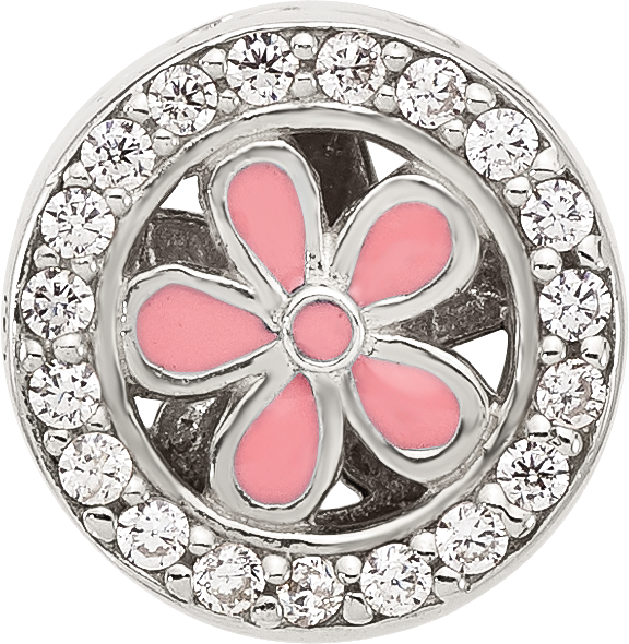 Sterling Silver Reflections Polish CZ and Pink Enamel Flower Circle Bead