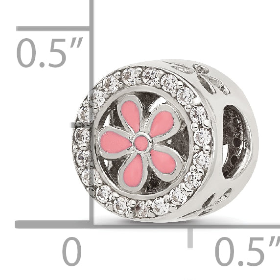 Sterling Silver Reflections Polish CZ and Pink Enamel Flower Circle Bead