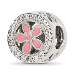 Sterling Silver Reflections Polish CZ and Pink Enamel Flower Circle Bead