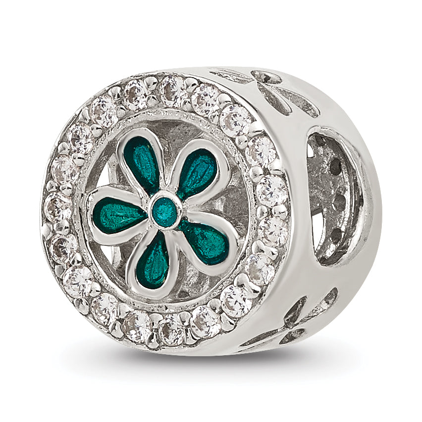 Sterling Silver Reflections Polished CZ and Teal Enamel Flower Circle Bead