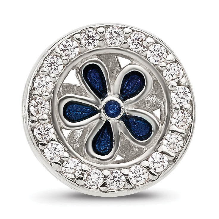 Sterling Silver Reflections Polished CZ and Blue Enamel Flower Circle Bead