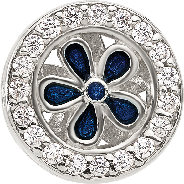 Sterling Silver Reflections Polished CZ and Blue Enamel Flower Circle Bead