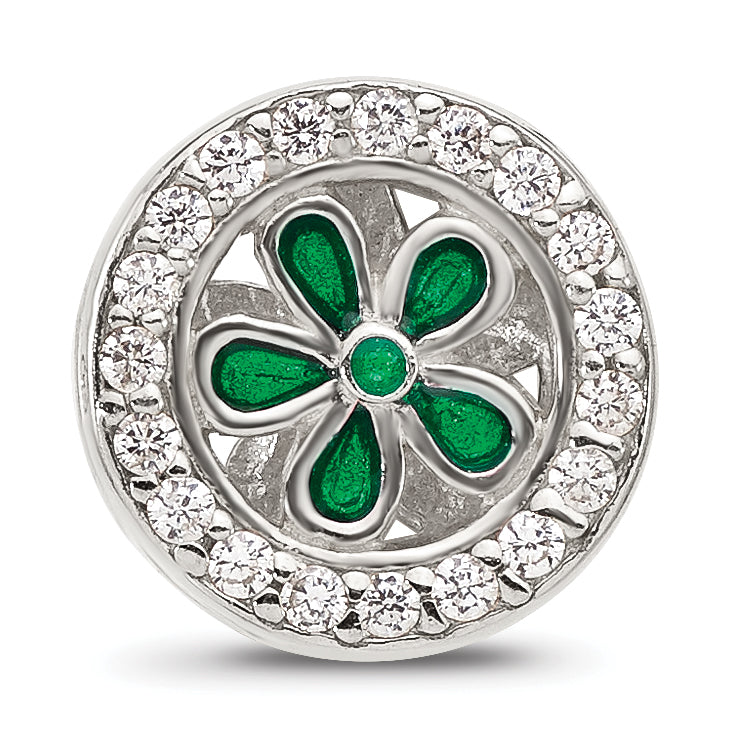 Sterling Silver Reflections Polish CZ and Green Enamel Flower Circle Bead