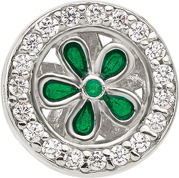 Sterling Silver Reflections Polish CZ and Green Enamel Flower Circle Bead