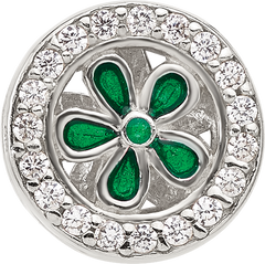 Sterling Silver Reflections Polish CZ and Green Enamel Flower Circle Bead