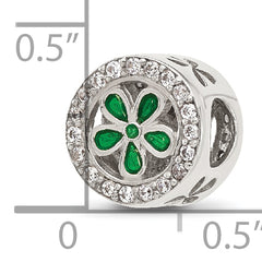 Sterling Silver Reflections Polish CZ and Green Enamel Flower Circle Bead