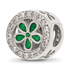 Sterling Silver Reflections Polish CZ and Green Enamel Flower Circle Bead