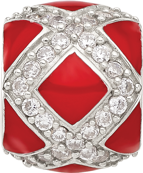 Sterling Silver Reflections CZ Red Enameled Fancy Bead