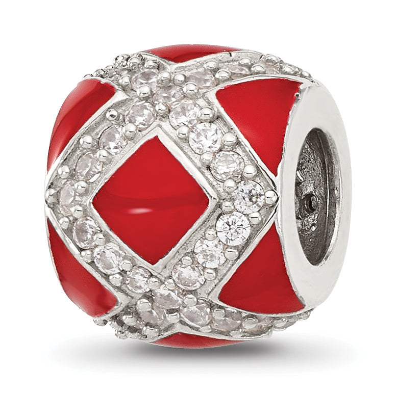 Sterling Silver Reflections CZ Red Enameled Fancy Bead