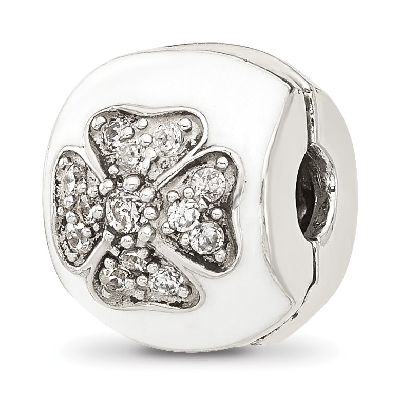 Sterling Silver Reflections White Enamel and CZ Floral Clip Bead