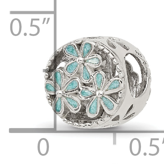 Sterling Silver Reflections Light Blue Enameled Floral Circle Bead