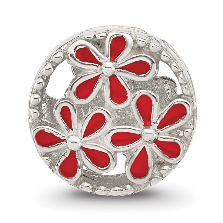 Sterling Silver Reflections Red Enameled Floral Circle Bead