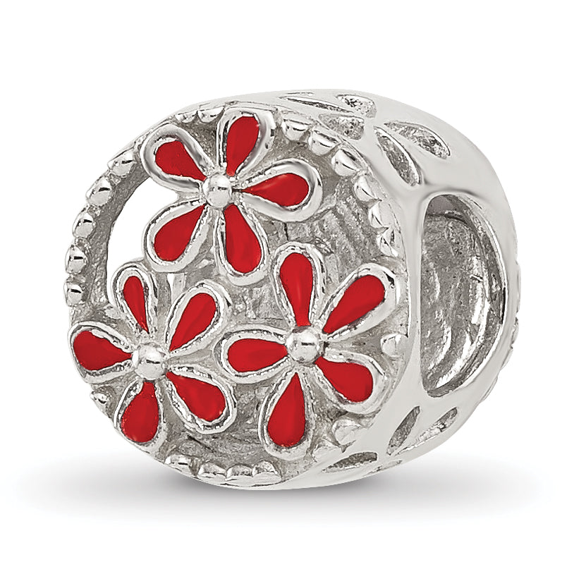 Sterling Silver Reflections Red Enameled Floral Circle Bead