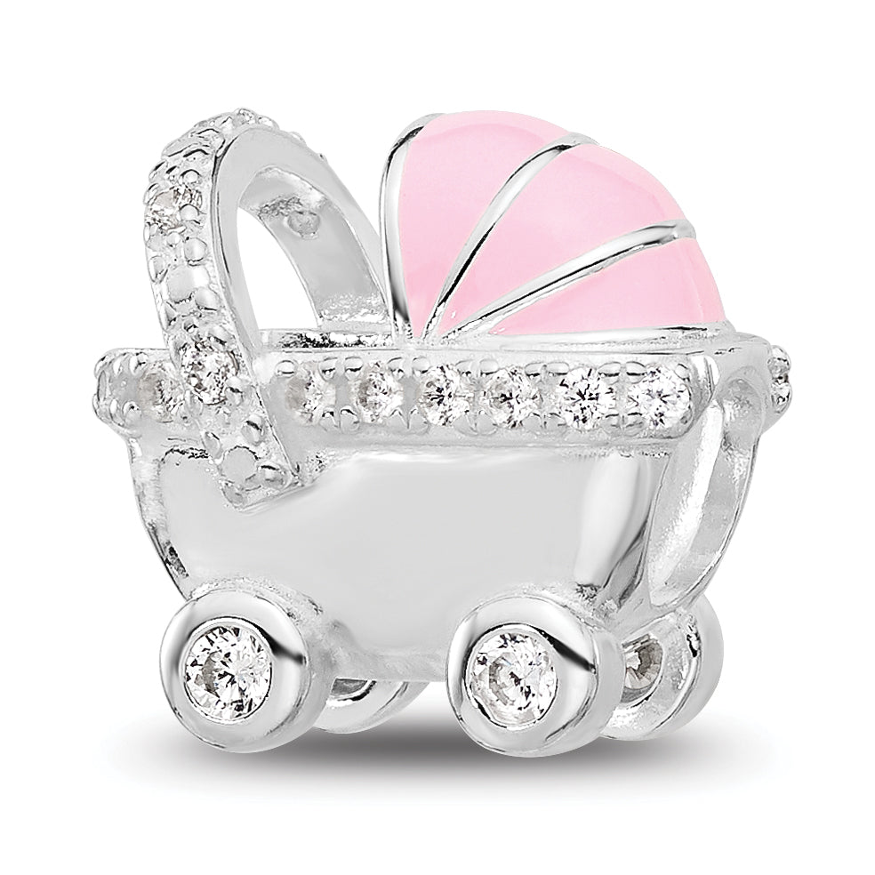 Sterling Silver Reflections Rh-plated Pink Enamel & CZ Stroller Bead