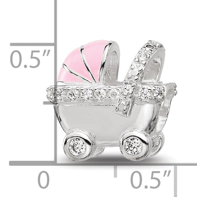 Sterling Silver Reflections Rh-plated Pink Enamel & CZ Stroller Bead