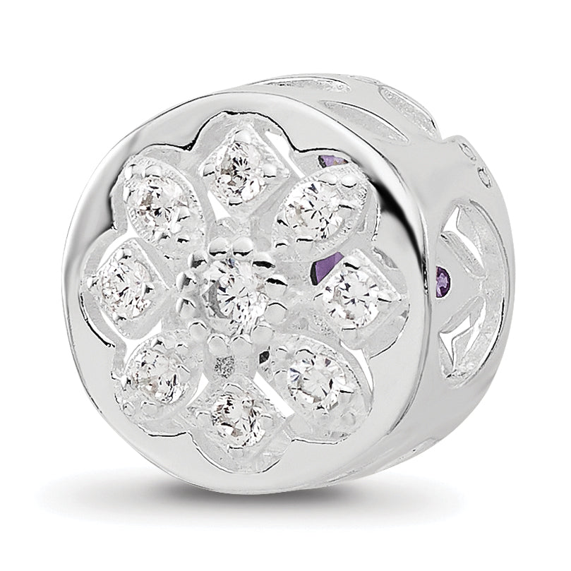 Sterling Silver Reflections Rh-plated Purple/Clear CZ Floral Reverse Bead