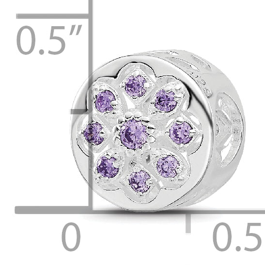 Sterling Silver Reflections Rh-plated Purple/Clear CZ Floral Reverse Bead