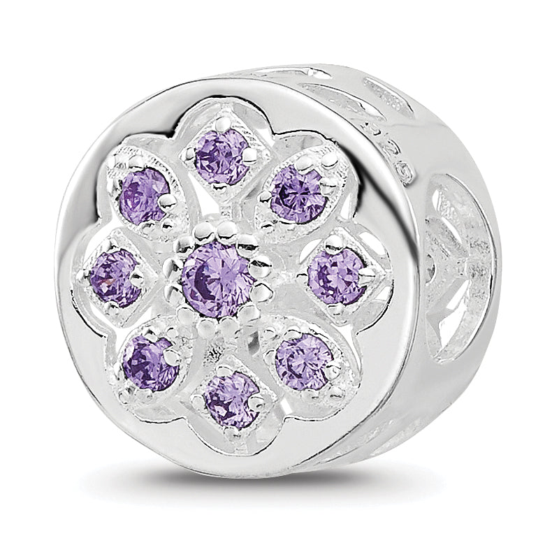 Sterling Silver Reflections Rh-plated Purple/Clear CZ Floral Reverse Bead