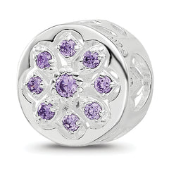 Sterling Silver Reflections Rh-plated Purple/Clear CZ Floral Reverse Bead