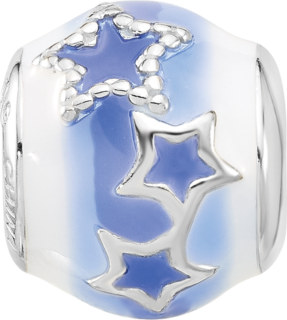 Sterling Silver Reflections Rh-plated Blue & White Enamel Stars Bead