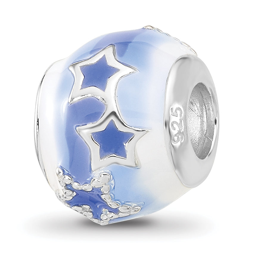 Sterling Silver Reflections Rh-plated Blue & White Enamel Stars Bead