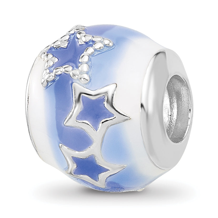 Sterling Silver Reflections Rh-plated Blue & White Enamel Stars Bead